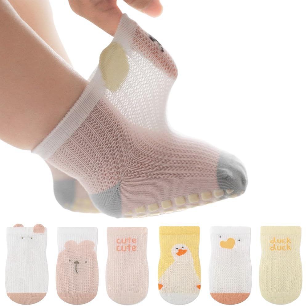 Baby Mesh Socks with Non-Slip Grip - 3-Pack Lightweight Summer Socks for Newborns and Kids (Boys & G