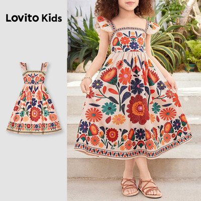 Lovito Kids Kỳ nghỉ Đầm bé gái xuân hè xếp nếp L168LD175