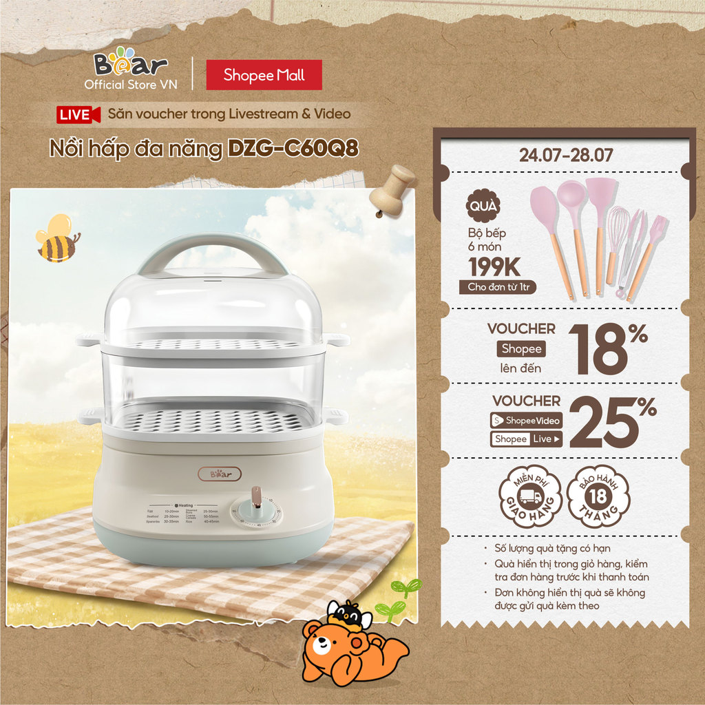 Nồi hấp thức ăn đa năng Bear DZG-C60Q8 - Hàng Chính Hãng BH 18 tháng