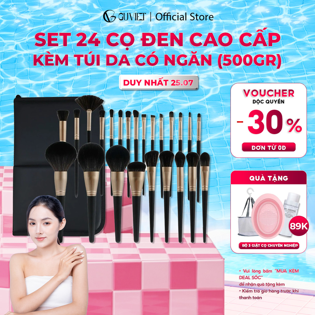 Bộ cọ trang điểm chuyên nghiệp cao cấp GUVIET màu đen gồm 24 cọ đi kèm với túi da đựng có ngăn