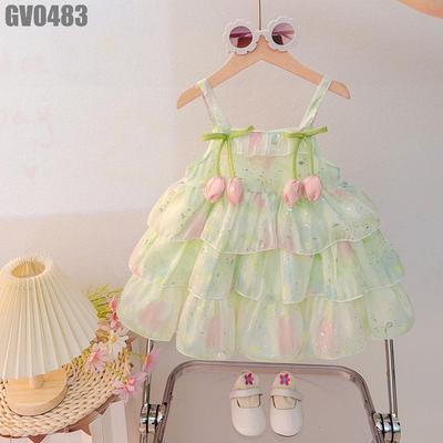 Váy Bé Gái Hai Dây Xanh Mint Voan Tầng Đính Nụ Hoa Hồng Pastel Bồng Xinh Dự Tiệc MINTSCLOSET GV0483
