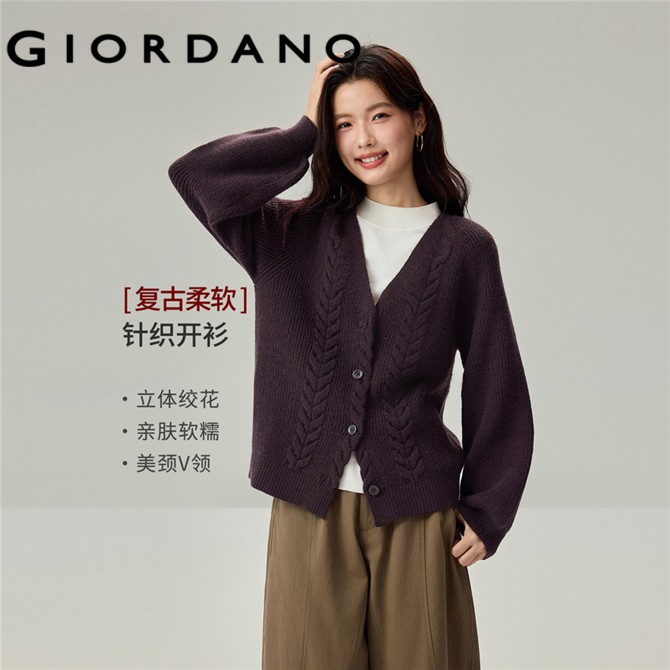 GIORDANO WOMEN V-neck raglan sleeve cable knit cardigan 13356607