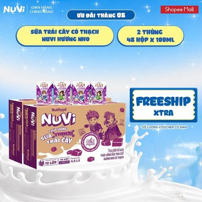 Combo 2 Thùng 48 Hộp Thức Uống Sữa Trái Cây Có Thạch NuVi Hương Nho 100ml