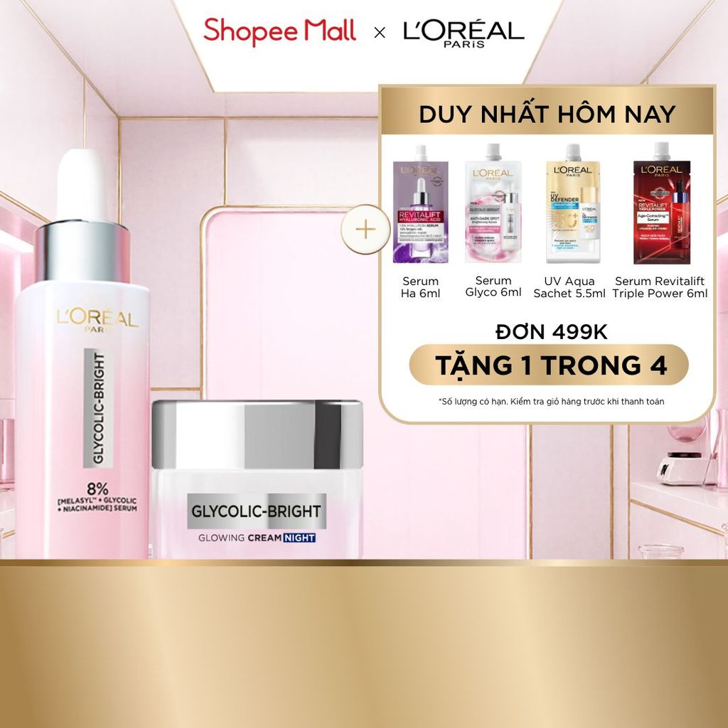 Combo hỗ trợ dưỡng sáng da mờ thâm nám L'oreal Paris Serum Glycolic melasyl 8% 30ml & Kem đêm Glycolic Bright 50ml