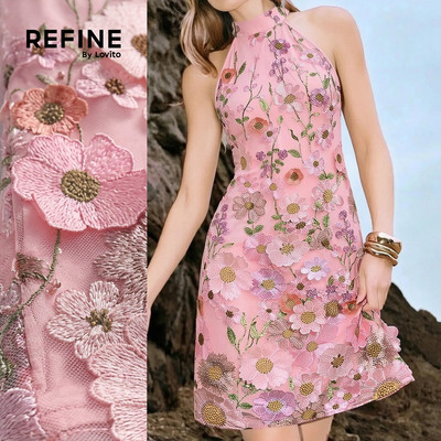 (New Arrival) (Refine by Lovito) Đầm hồng mùa xuân/hè sang trọng thêu họa tiết lưới tương phản Tiệc/Trang trọng LR41E192