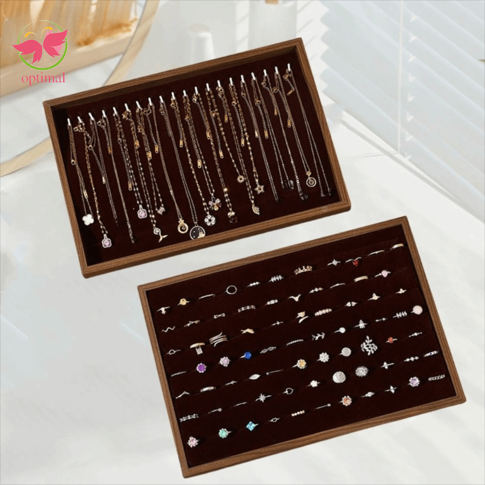 OPTIMAL LIMIT Wood Velvet Jewelry Pallet, Khay trưng bày trang sức đáy phẳng nhiều ngăn, Di động chố