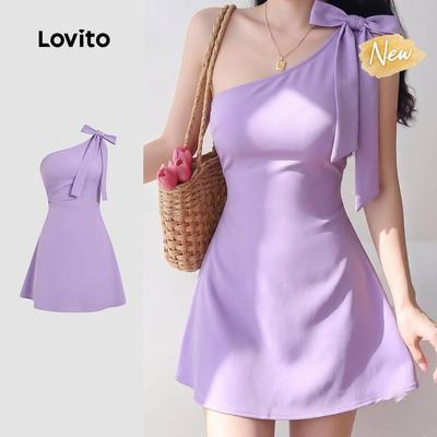 (New Arrival) Lovito Đầm Tím Mùa Xuân/Hè Không Tay Vai Hở Nơ Khóa Kéo Phong Cách Thường Ngày L198ED037