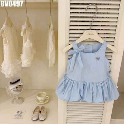 Váy bé gái MINTSCLOSET xanh baby chân bong bóng phối nơ thanh lịch GV0497