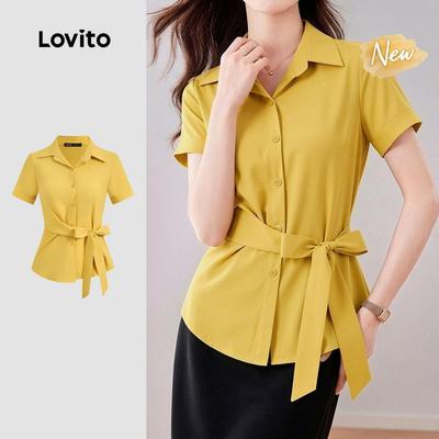(New Arrival) Lovito Áo sơ mi nữ màu vàng mùa xuân/hè kiểu dáng casual có nút và nơ L198ED279