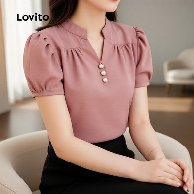 Lovito thanh lịch Áo sơ mi nữ mùa xuân hè hồng xếp ly phong cách LK5ED456