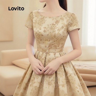 Lovito thanh lịch Đầm họa tiết xếp ly kèm thắt lưng mùa xuân hè màu kaki nữ L183ED068