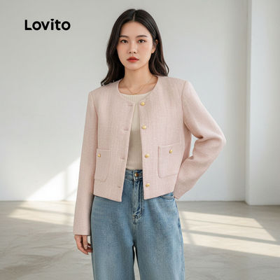 Lovito thanh lịch Áo khoác nữ mùa thu đông áo khung khuyết màu hồng mã L156AD250