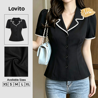 (New Arrival) Lovito Áo sơ mi nữ màu đen phối ren thanh lịch phong cách đi làm mùa xuân/hè BLK8TD218
