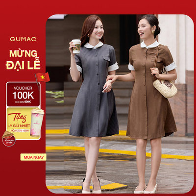 Đầm Nữ GUMAC Dáng A Tay Ngắn Cổ Sơ Mi Phối Trắng Thanh Lịch Hiện Đại DF09021