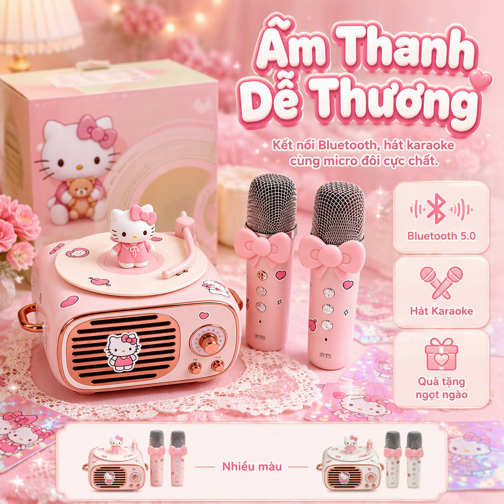 Loa Bluetooth Hình Máy Giàn Đĩa Cũ Hello Kitty Có Mic Thuyết Trình Âm Thanh Kcah Karaoke Quà Sinh Nh