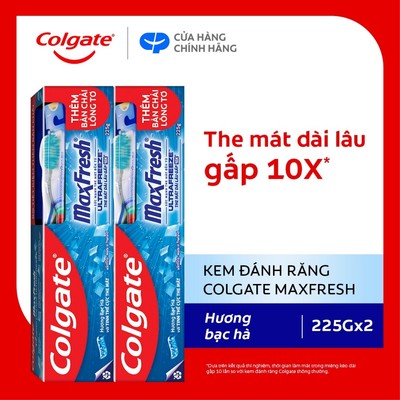 Bộ 2 Kem đánh răng Colgate Maxfresh bạc hà the mát 225g/tuýp tặng bàn chải