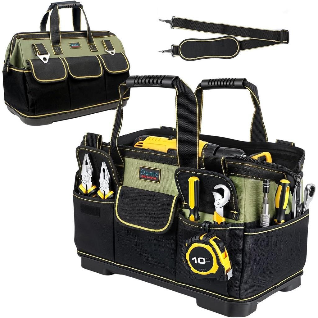 Tool Bag, Ounic 18 Inch Large Tool Tote Bag Heavy Duty With Waterproof Molded Base, Wide Mouth Tool 