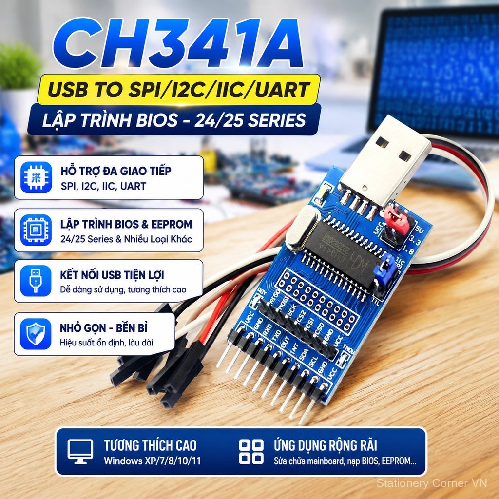 Module CH341A USB sang SPI I2C UART, nạp BIOS chip 24 25 series, lập trình viên, tiện dụng, chính xá