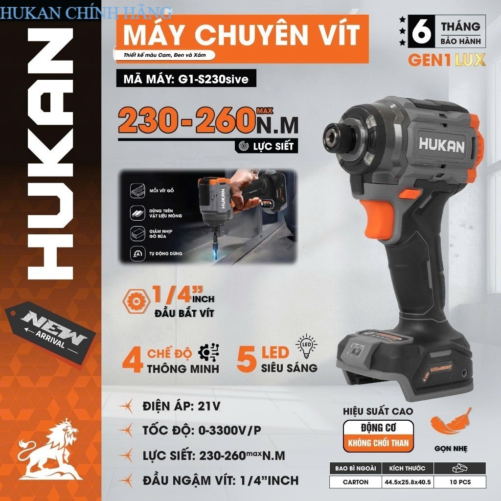 Thân máy chuyên vít búa cải tiến HUKAN G1-S230sive XÁM , Lực siết 230-260Nm MAX, 4 tốc độ, HUKAN CHÍ