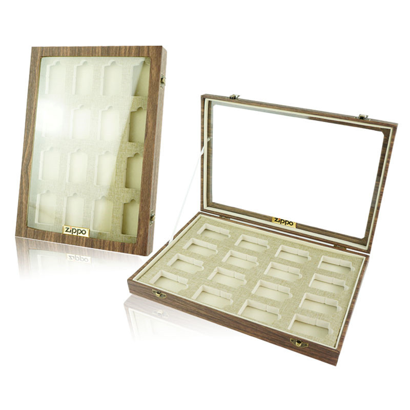 Hộp lưu trữ bật lửa Zippo Vị trí 16 Camera Zippo Hộp sưu tập màn hình chống bụi Hộp da hạt gỗ nâu [d