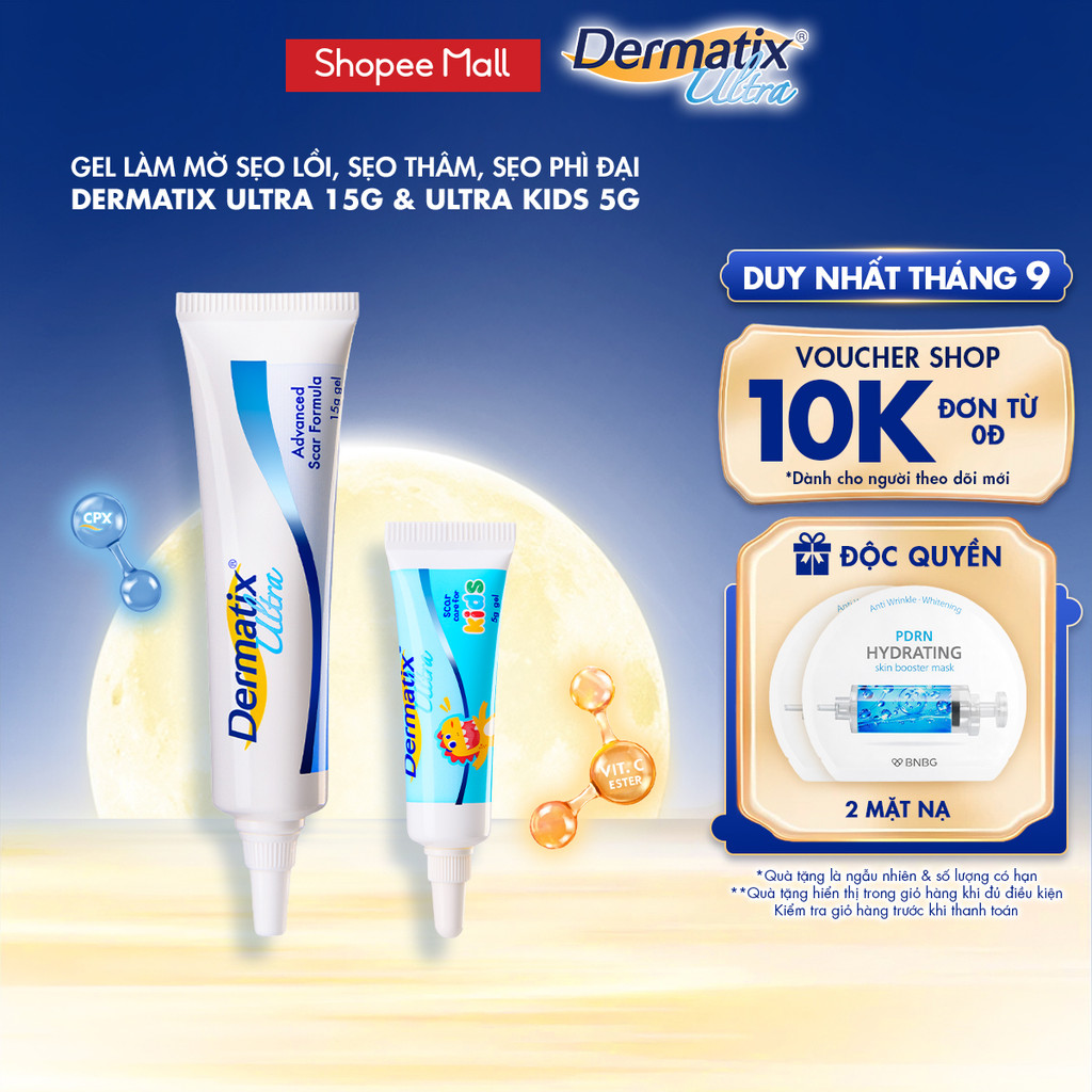 Combo gel làm mờ sẹo lồi, sẹo phì đại Dermatix Ultra 15g cho người lớn & Ultra Kids 5g cho trẻ nhỏ