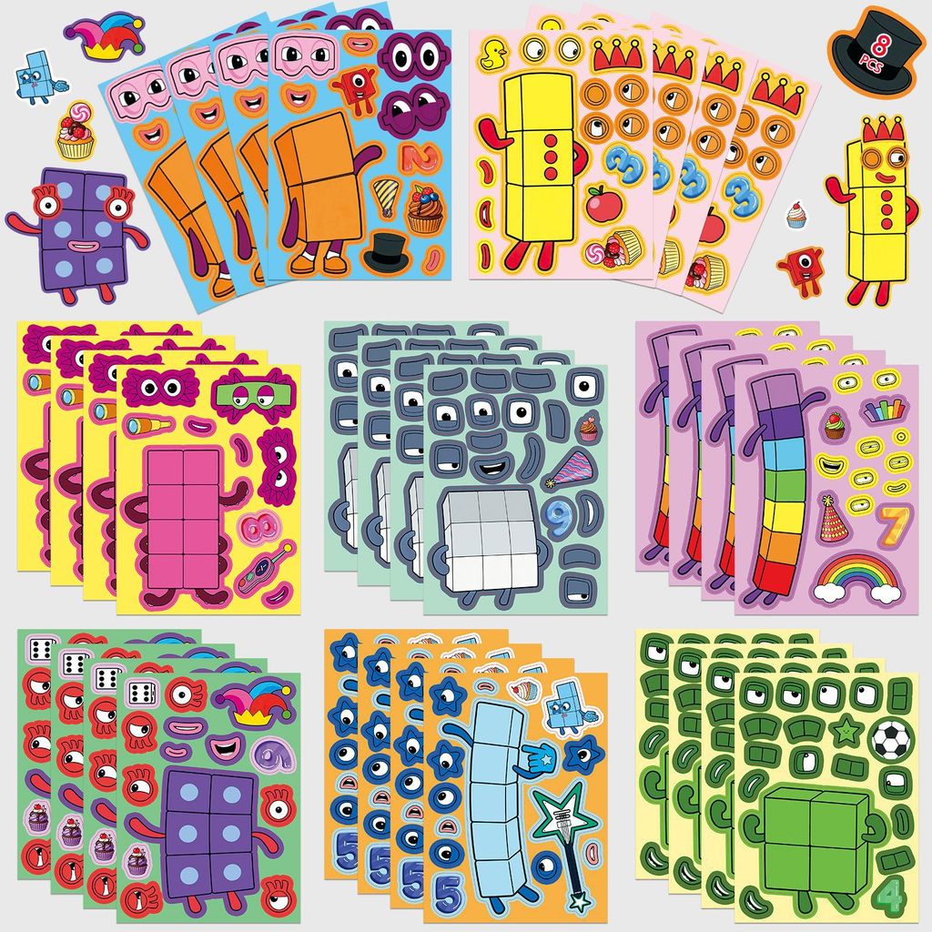 8 Tờ / bộ Số Khối Xếp Hình Dán Giáo Dục Mầm Non Numberblocks Face-Changing Set Miếng Dán Hỗ Trợ DIY