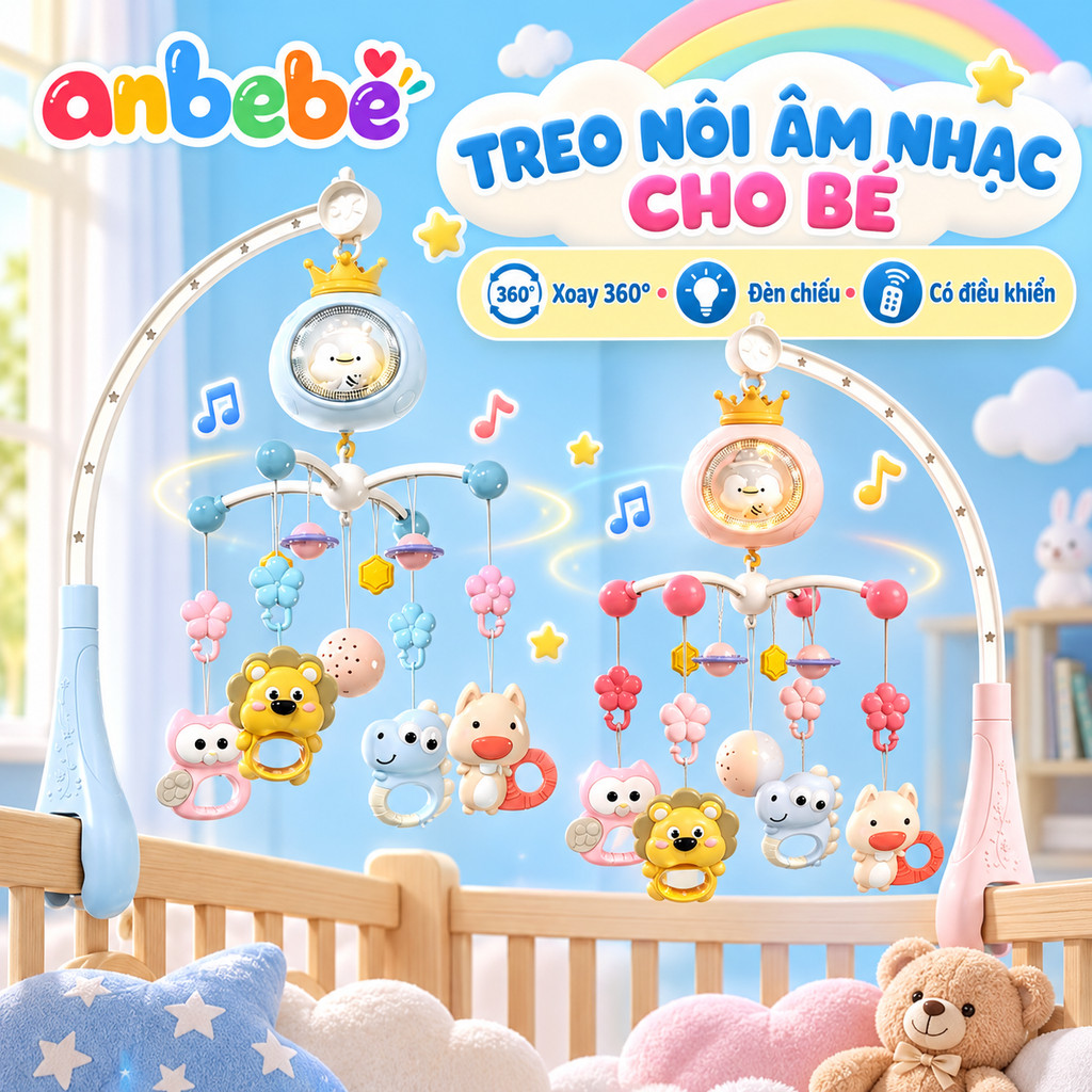 Đồ chơi treo nôi cũi kèm gặm nướu cho bé sơ sinh xoay 360 kích thích thị giác…