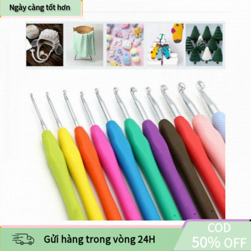 [Tốt] Kim móc len nhôm tay cầm mềm nhiều màu, set 9 chiếc 2-6mm, bộ dụng cụ đan móc len siêu dễ thươ