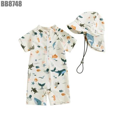 Bộ Đồ Bơi Bé Trai Liền Thân Cộc Tay Kèm Mũ Che Gáy Chống Nắng Có Dây Rút MINTSCLOSET BB8748