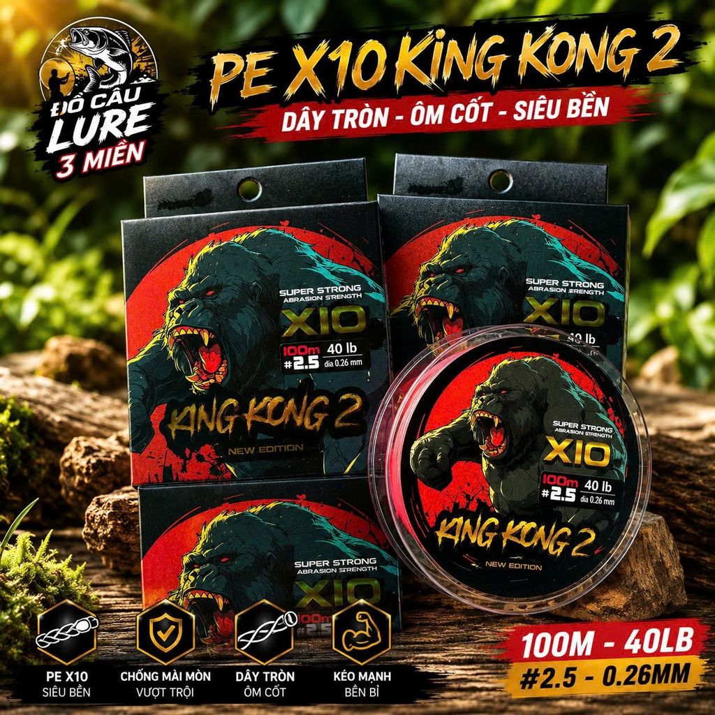 Dây PE X10KINGKONG (BH Nổ 30 Ngày)Thế Hệ 2 100m-PE 10 Sợi Siêu Bền,Ít Phai Màu,Chống Mài Mòn|Tặng 2m