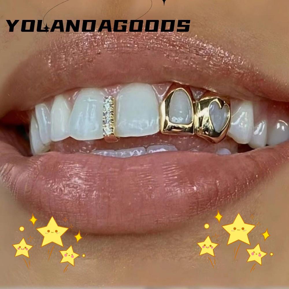 YOLA Grillz, Màu Vàng Trái Tim Rỗng Hip Hop Răng Grillz, Đôi Trái Tim Sáng Bóng Đồng Răng Mũ Trang S