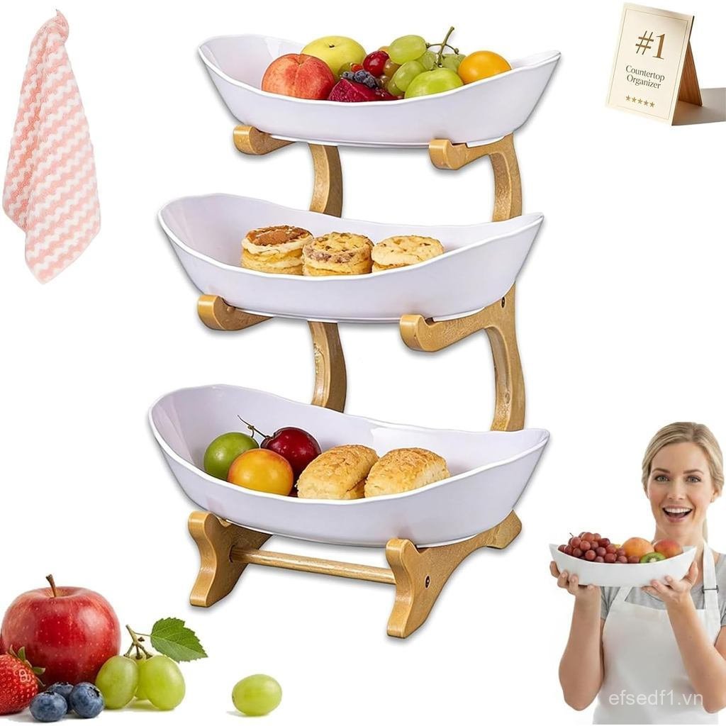 Three-tier countertop fruit basket storage rack，Oval fruit basket with bamboo stand，厨房台面分层水果碗，Space-