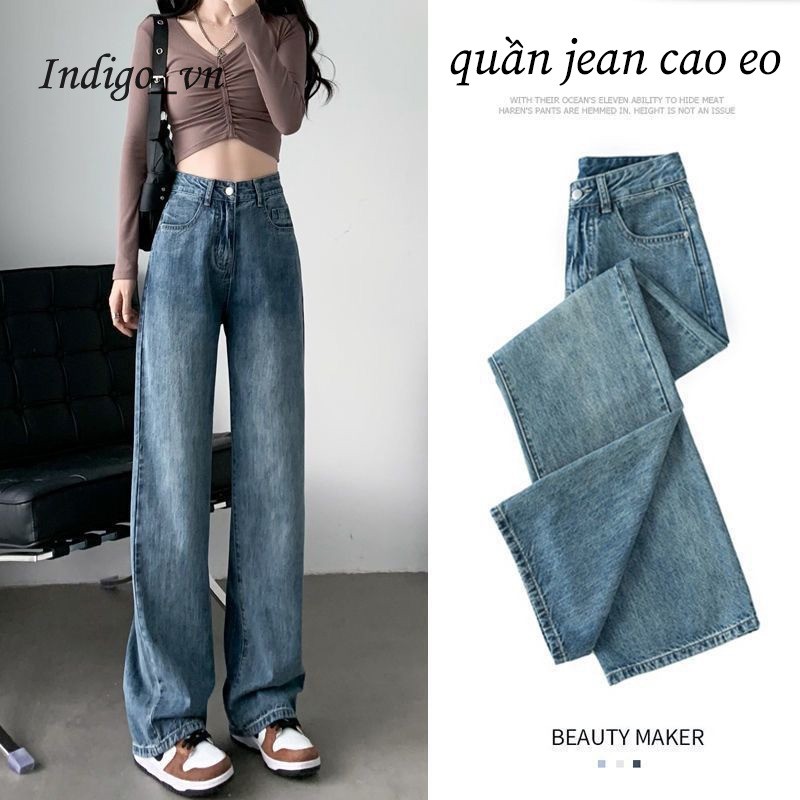 【Indigo】 Quần Jean Nữ Retro Quần Ống Rộng Cạp Cao Quần Ống Đứng Dài