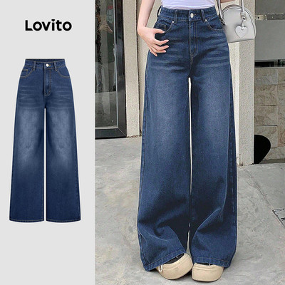 Quần jean nữ Lovito xanh dương xuân hè wash túi dây kéo phong cách thường ngày L183ED054