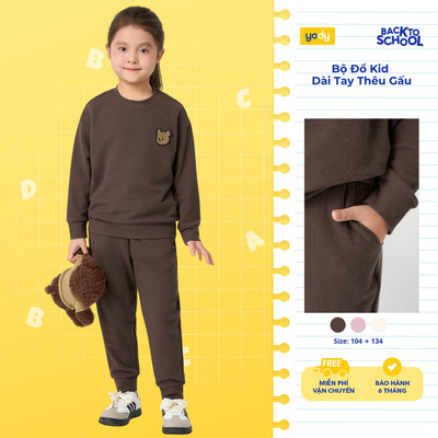 Bộ đồ kid YODY set áo quần dài thêu gấu thu đông ấm áp cho bé KCST25F163