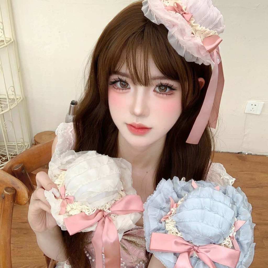 Streamer Sương Mù Nơ lolita lolita Mùa Xuân Tay Chính Hãng lolita Kẹp Tóc Ren Top Mũ Màu Bài Ren Làm