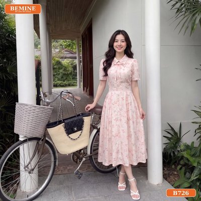 Đầm thiết kế BEMINE cổ đức 2 lớp họa tiết in hoa dáng chữ A phù hợp đi làm-B726