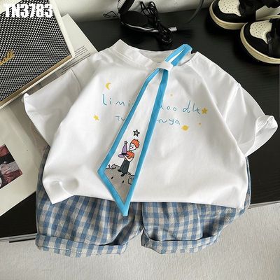 Bộ Đồ Bé Trai Mùa Hè Áo Trắng Cộc Tay Phối Cà Vạt Họa Tiết Quần Short Caro Xanh MINTSCLOSET TN3783