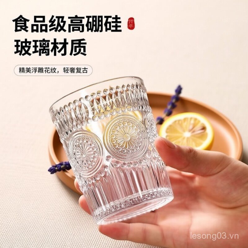 Cốc Thủy Tinh ins Hộ Gia Đình Đơn Giản Retro Hoa Hướng Dương Nổi Trong Suốt Uống Cốc Uống Nước Cao B