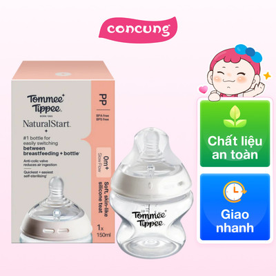 Bình Sữa PP Ty Siêu Mềm Tự Nhiên Tommee Tippee 150ml, Núm Ty Của Bình 0-3 Tháng