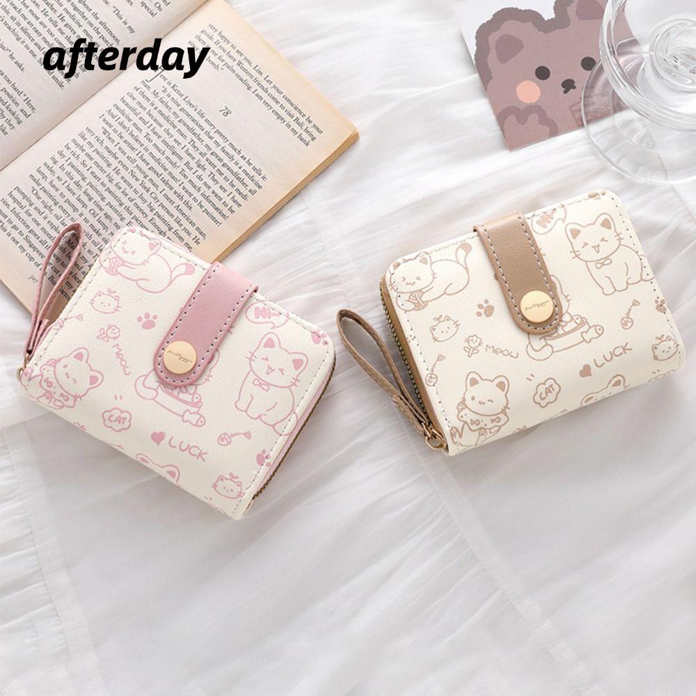 Hộp đựng thẻ ID AFTERDAY568, Ví ngắn dung tích lớn nhẹ, Ví nữ mèo dễ thương bằng da PU thời trang