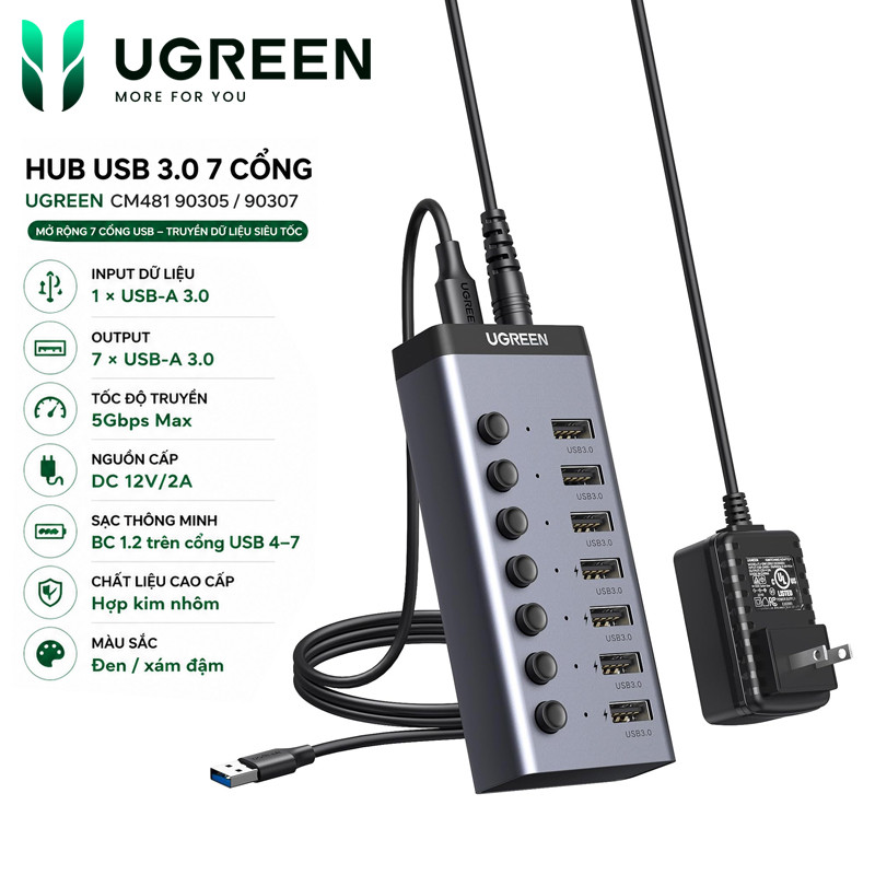 Bộ chia USB 3.0 7 Cổng Ugreen 90307 90305 CM481 USB 3.0 5Gbps  Kèm Adapter 12V 2A
