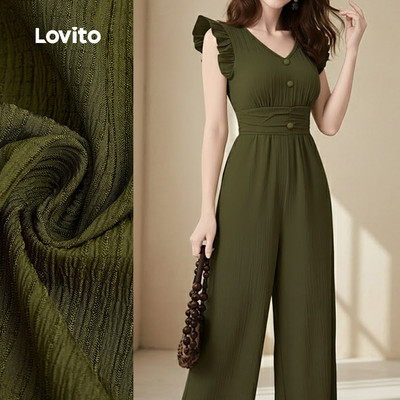 Jumpsuit Lovito phong cách thường ngày jacquard xếp nếp mùa xuân/hè màu xanh lá cho nữ LK2ED079