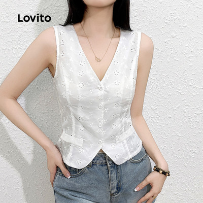Áo sát nách nữ Lovito thanh lịch thêu đục lỗ màu trơn phong cách L132ED550