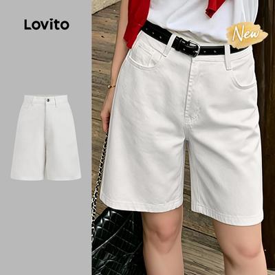 (New Arrival) Lovito Quần short denim trắng mùa xuân/hè thường ngày đơn giản cho nữ (không Kèm Thắt Lưng) L200AD087