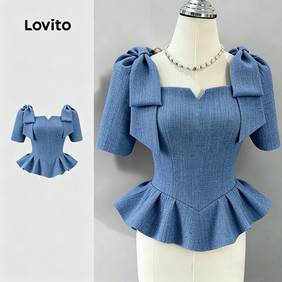 (New Arrival) Lovito Áo Blouse Thanh Lịch Viền Ren Xếp Nơ Phía Trước Mùa Xuân/Hè màu xanh dương cho Nữ L196ED1370