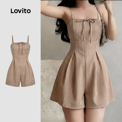 (New Arrival) Lovito Bộ liền casual khóa kéo nơ màu kaki cho mùa xuân/hè dành cho nữ LK7ED583