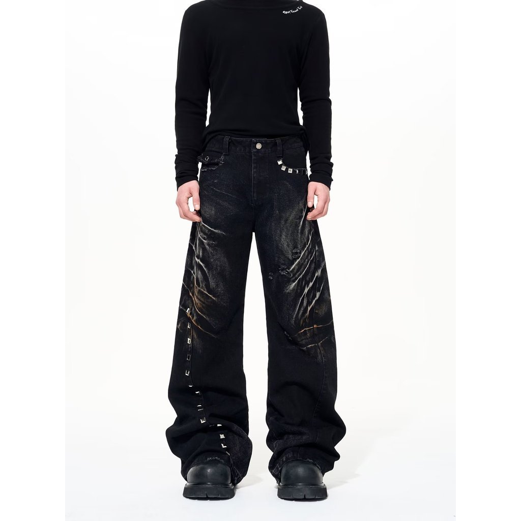 ArguE Heavy Niche Washed Distressed Structure Line Micro loe Jeans Dây Kéo Kim Loại Thiết Kế Quần