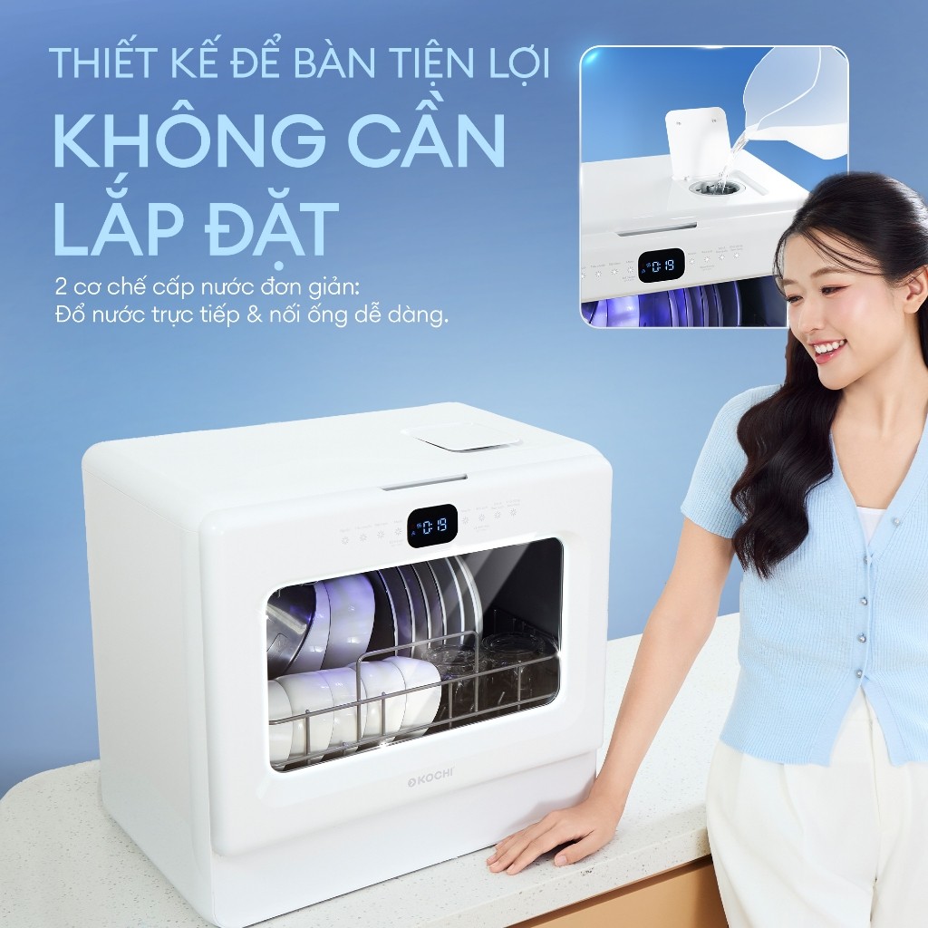 🌟 [Mới] Máy Rửa Chén Bát Để Bàn KOCHI C510 - 6 Bộ - Cửa trong suốt - Rửa Nước Nóng 75°C - Sấy PTC -K