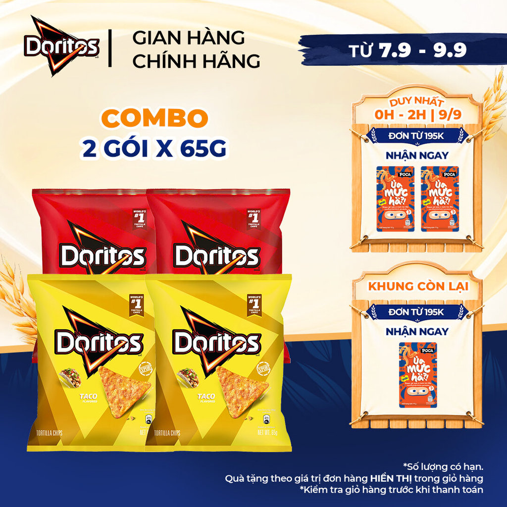 Combo 2 Gói Snack Ngô Giòn DORITOS 65G Vị Nacho Cheese/Taco - Snack tortilla tẩm vị đậm đà kiểu Mỹ